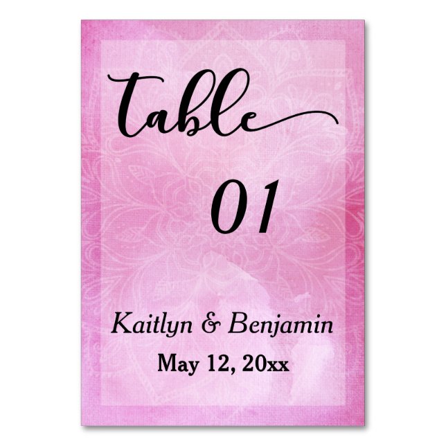 Deep Pink Watercolor Mandala Wedding Table Number (Front)