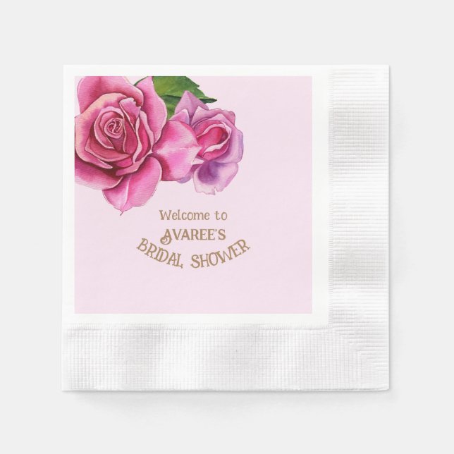 Deep Pink Watercolor Roses Bridal Shower  Napkin (Front)