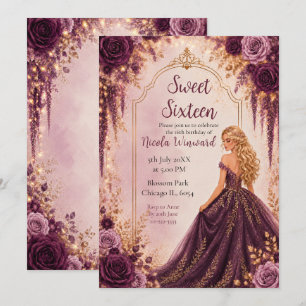 Deep Plum and Gold Floral Sweet Sixteen Invitation