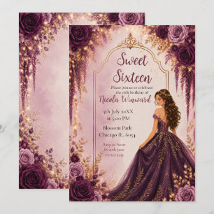Deep Plum and Gold Floral Sweet Sixteen Invitation