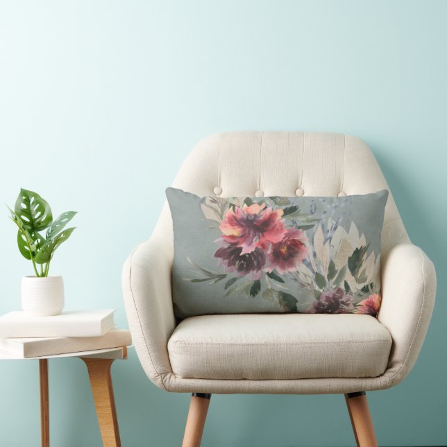 Deep Plum and Peach Peonies Distressed Grey   Lumbar Cushion (Chair)