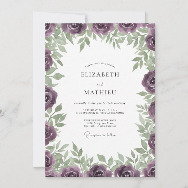 Deep Plum Antique Rose Wedding Invitation (Front)
