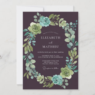 Deep Plum Aqua Botanical Wedding Invitation