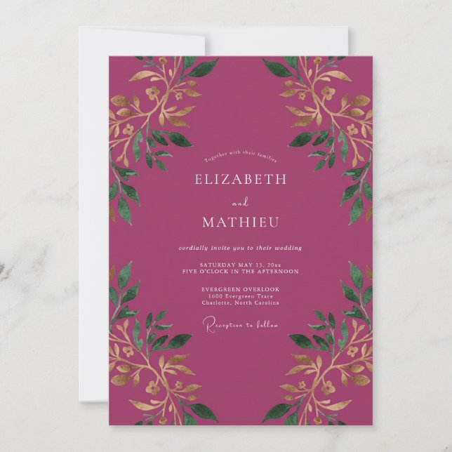 Deep Plum Botanical Romance Wedding Invitation (Front)