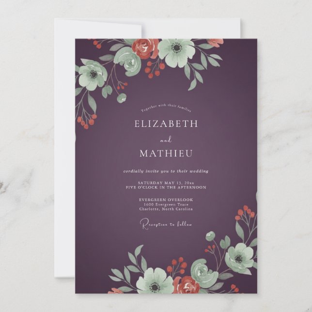 Deep Plum Coral Ranunculus Eucalyptus Wedding Invitation (Front)