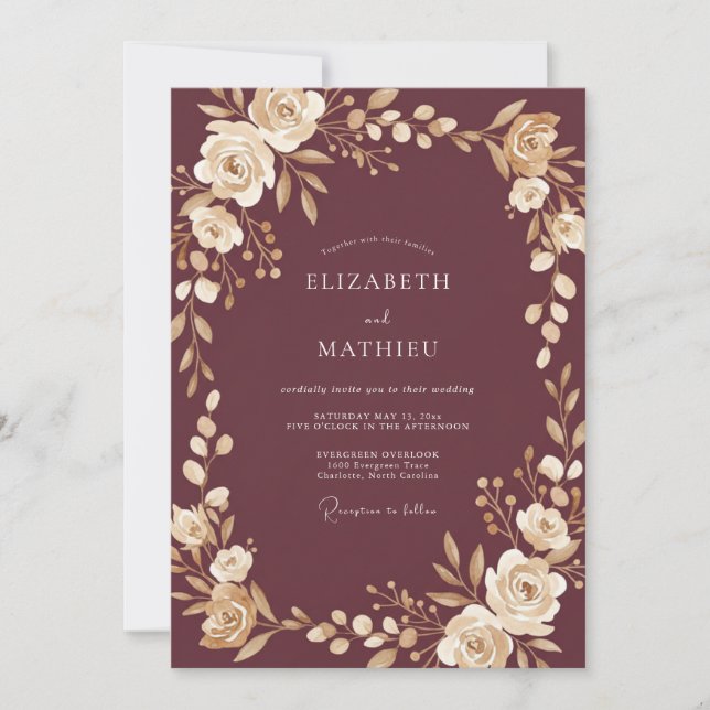 Deep Plum Cream Ranunculus Eucalyptus Wedding Invitation (Front)
