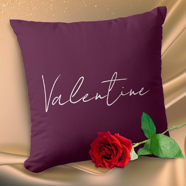 Deep Plum Elegant Custom Message Valentine's Day Cushion (An elegant pillow in deep plum red, with 'Valentine' on the front and personalized text on the back)