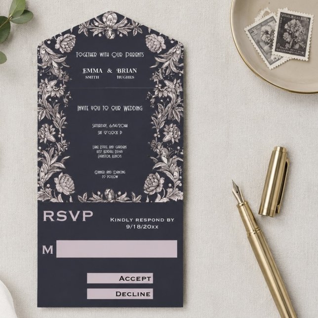 Deep Plum etched floral All in One Wedding Invite (Creator Uploaded)