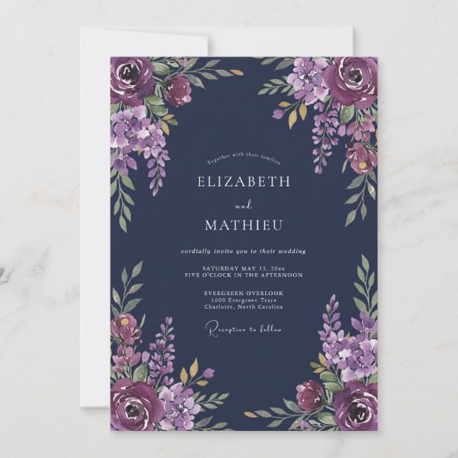 Deep Plum Floral Romantic Wedding Invitation (Front)