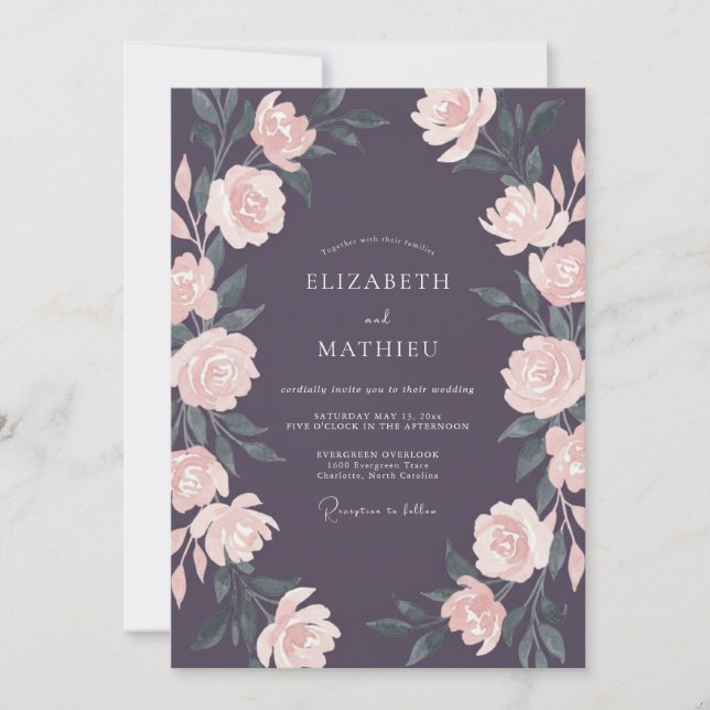 Deep Plum Floral Watercolor Wedding Invitation (Front)