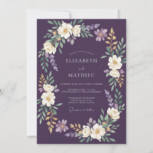 Deep Plum Floral Wreath Wedding Invitation (Front)