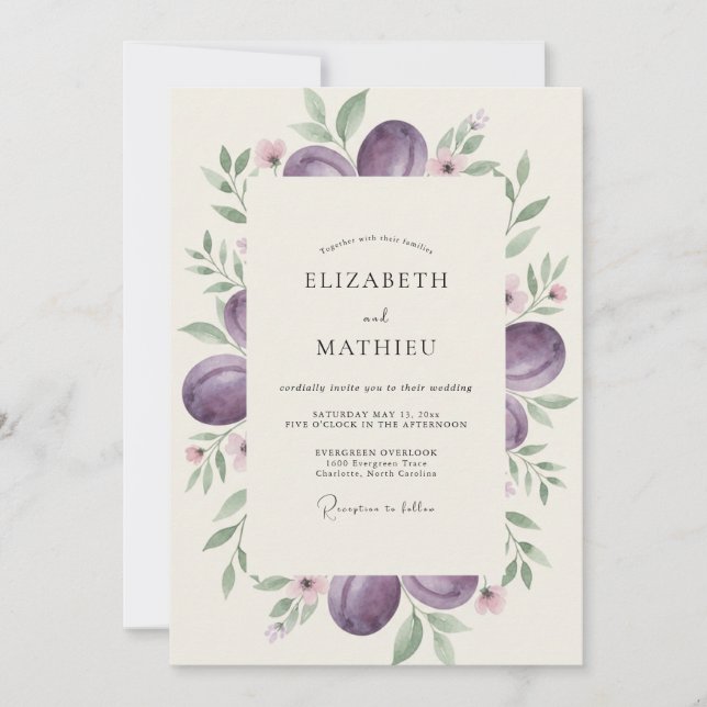 Deep Plum Fruit Grey Eucalyptus Wedding Invitation (Front)