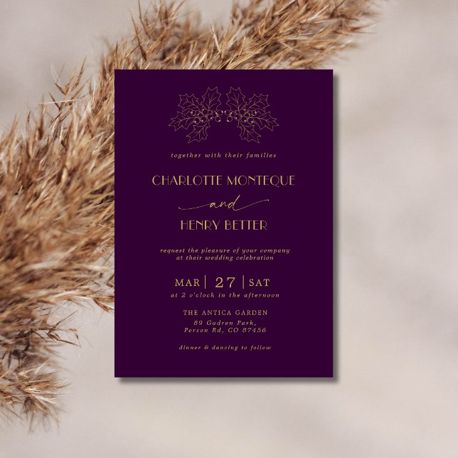 Deep Plum Gold Holly Tree Leaves Luxury Wedding Invitation (Creator Uploaded)