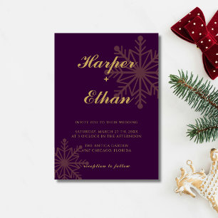 Deep Plum & Gold Minimalist Snowflake Wedding Invitation