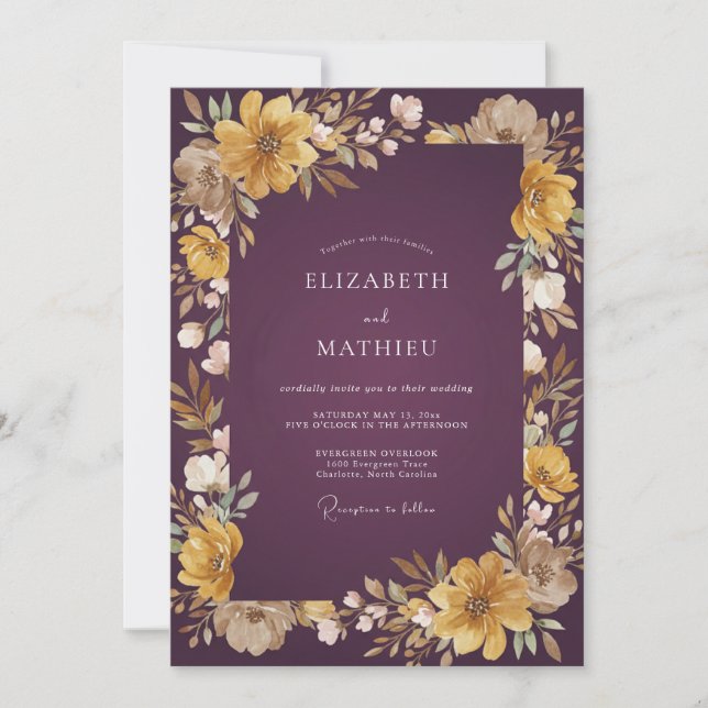 Deep Plum Golden Painted Wedding Invitation (Front)