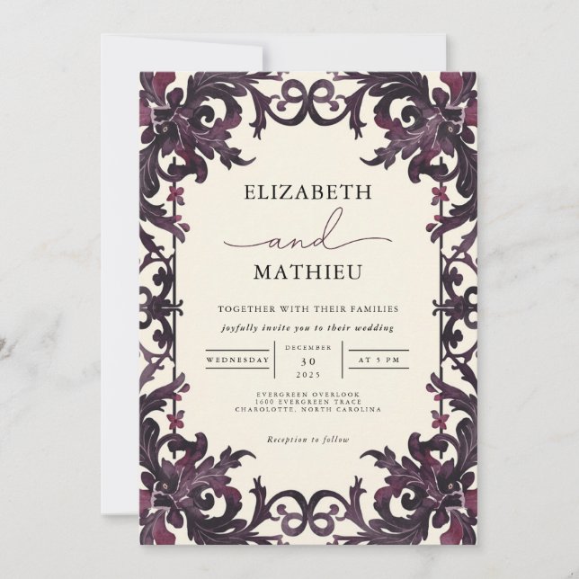 Deep Plum Gothic Floral Botanical Wedding Invitation (Front)