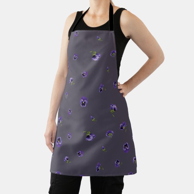 Deep Plum Gray Purple Pansy Floral Pattern Apron (Insitu)