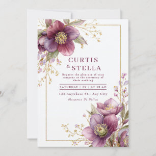 Deep Plum Hellebore Gold Glitter Garland Wedding Invitation