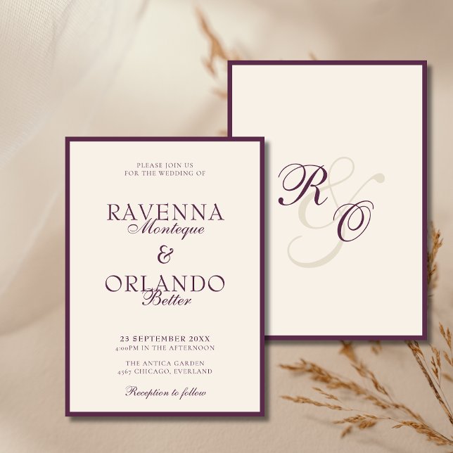 Deep Plum Ivory Monogram Glam | Old Money Wedding Invitation (Creator Uploaded)