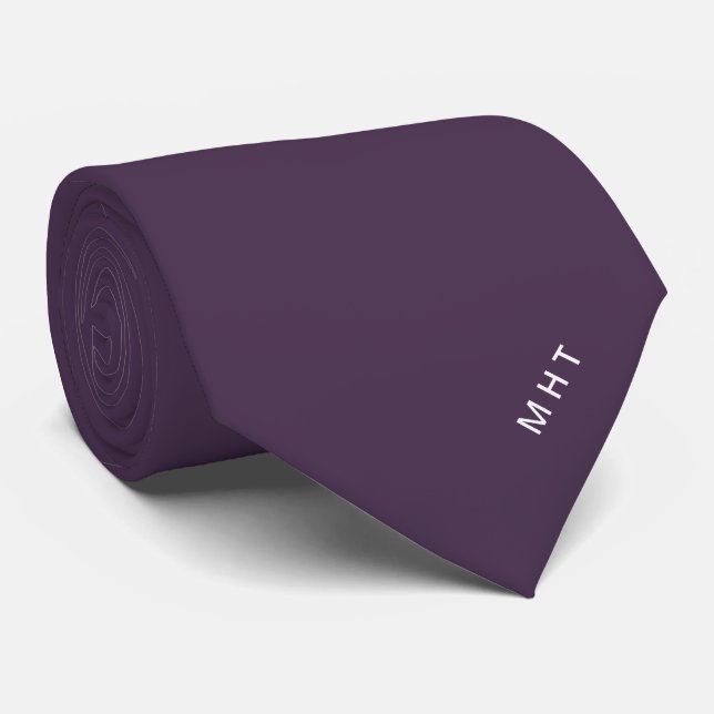 Deep Plum Modern Initials Minimalist Monogram Tie (Rolled)
