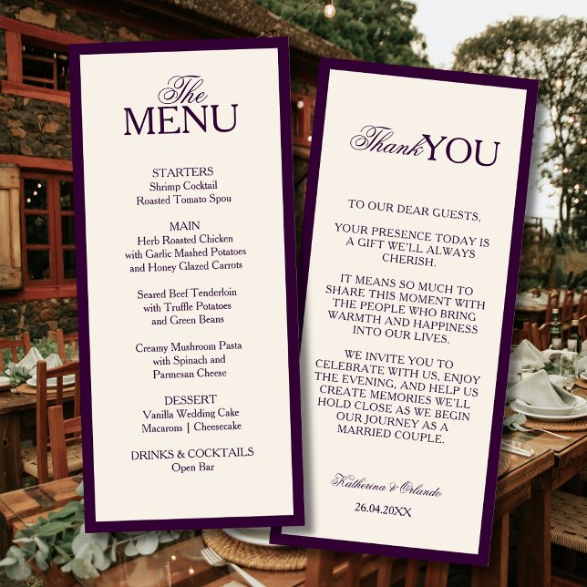 Deep Plum Old Money Wedding Menu Thank You Note (Creator Uploaded)