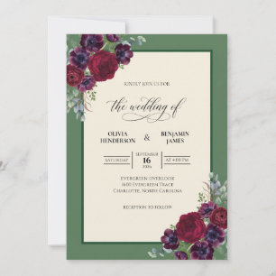 Deep Plum Olive Bouquet Eucalyptus Wedding Invitation