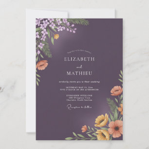 Deep Plum Peach Floral Wedding Invitation