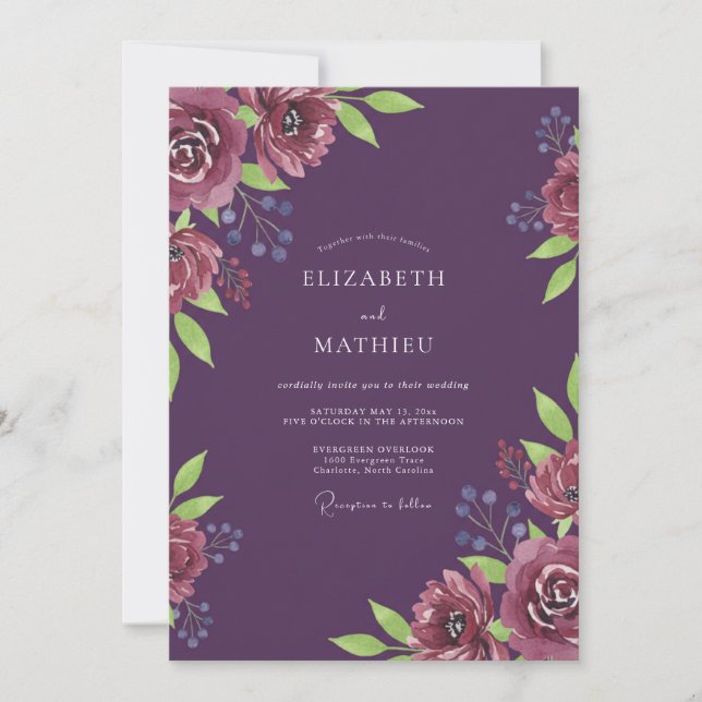 Deep Plum Ranunculus Dusty Eucalyptus Wedding Invitation (Front)