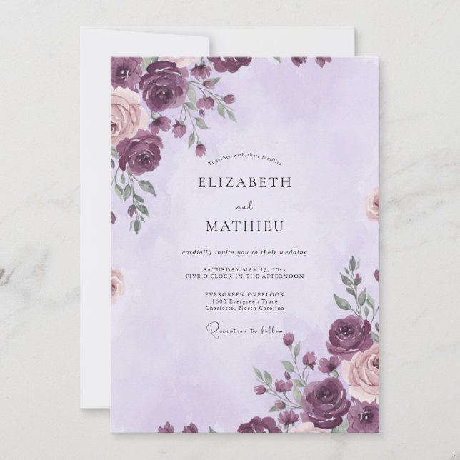 Deep Plum Ranunculus Eucalyptus Wedding Invitation (Front)