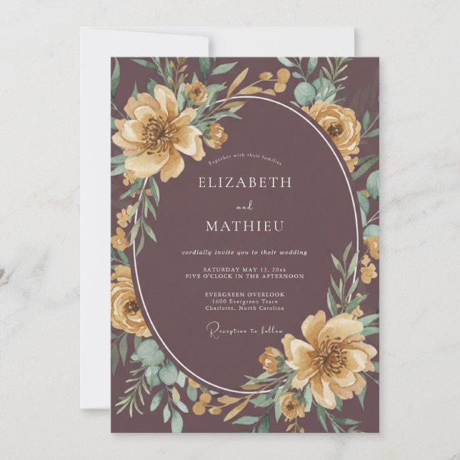 Deep Plum Romantic Botanical Wedding Invitation (Front)