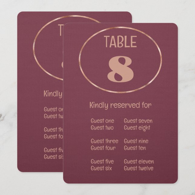 Deep Plum Rose Gold Table Number and Place Card  (Front/Back)