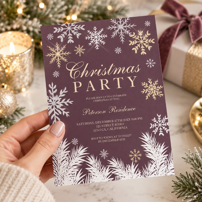 Deep Plum Snowflake Pine Winter Christmas Invitation (Deep Plum Snowflake Pine Winter Christmas Invitation)