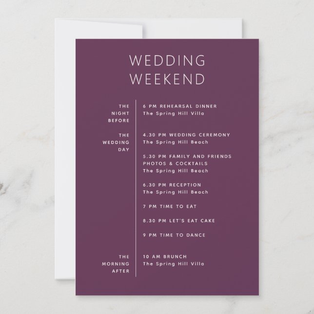 Deep Plum Wedding Weekend Schedule + Welcome Invitation (Back)