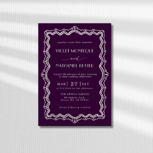 Deep Plum White Lace Old Money Elegant Wedding Invitation
