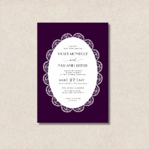 Deep Plum & White Lace Old Money Rustic Wedding Invitation