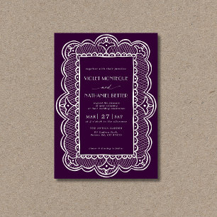 Deep Plum & White Lace Old Money Rustic Wedding Invitation