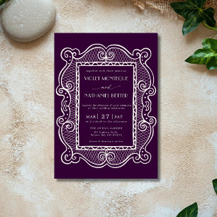 Deep Plum & White Lace Old Money Vintage Wedding Invitation