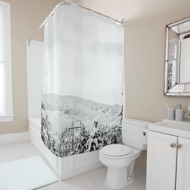 Deep Powder Trees // Black and White Skiing Shower Curtain (In Situ)