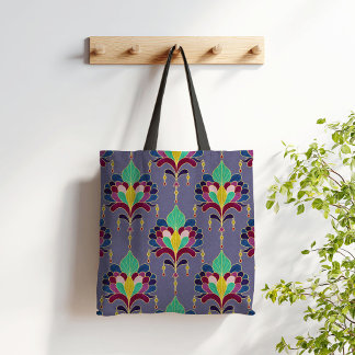 Deep Purple and Gold Art Deco Floral Ornament Tote Bag