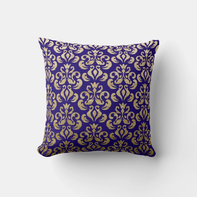 Deep Purple and Gold Foil Damask Pattern Cushion (Front)