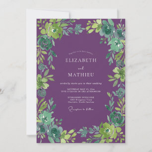 Deep Purple Aqua Leafy Wedding Invitation