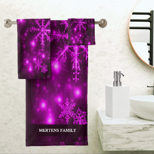Deep Purple Bright Snowflakes Holidays Name Bath Towel Set