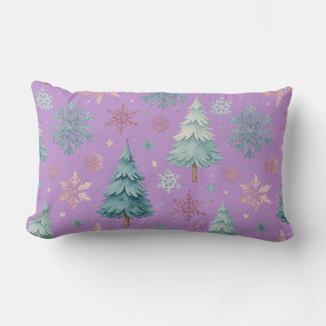 Deep Purple Christmas Tree & Snowflake Throw Pillo Lumbar Cushion (Front)