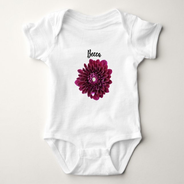 Deep Purple Dahlia Flower Personalised Baby Bodysuit (Front)