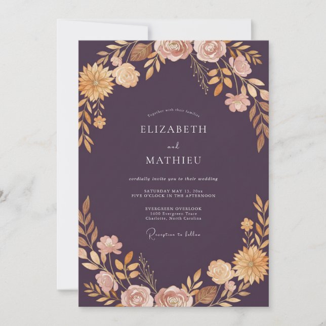 Deep Purple Elegant Floral Wedding Invitation (Front)