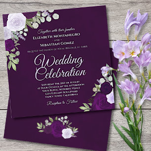 Deep Purple Elegant Lavender & Plum Roses Wedding Invitation
