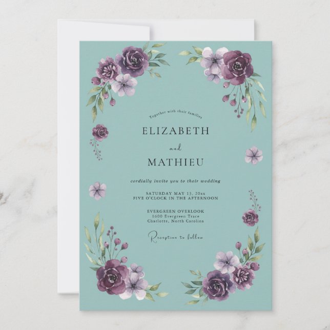 Deep Purple Floral Arch Wedding Invitation (Front)