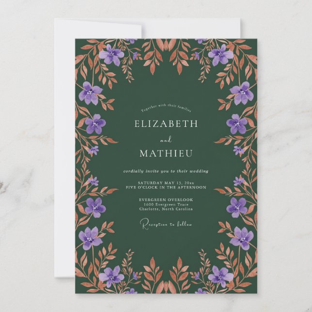 Deep Purple Floral Autumn Wedding Invitation (Front)