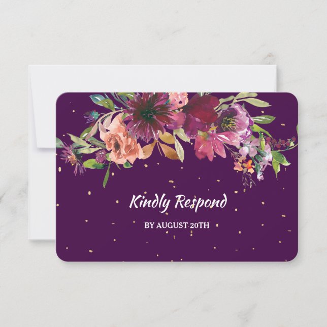 Deep Purple Floral Gold Confetti Menu Wedding RSVP (Front)