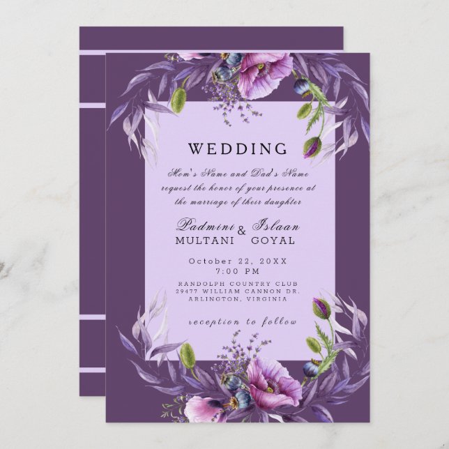 Deep Purple Floral Indian Style Wedding Invitation (Front/Back)
